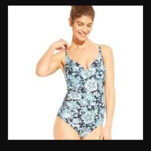 Kona Sol High Coverage One Piece Bathing Suit Blue Floral Print Slimming NWT XS